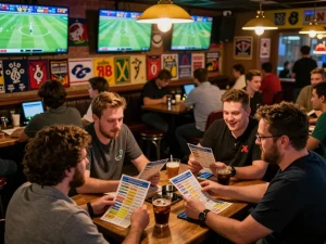 A bustling sports betting bar showcasing keonhacaii88, featuring patrons actively engaging with betting slips and numerous screens displaying live football matches.
