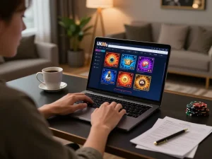 Engaging player using laptop at home for UK88s online casino gaming session with strategy notes.