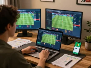 Dafabet user strategically placing bets during an online sports event on a stylish gaming setup
