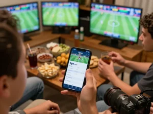 Engaged bettor analyzing odds on 1gom app during a lively home sports betting night.