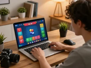 Player engaging in an exciting tài xỉu online game on a laptop, depicting modern gambling lifestyle.