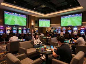 Patrons engaging in sports betting at bongdalu88 in an upscale casino lounge