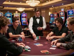 fc88 players engaging in a competitive poker game at an upscale casino
