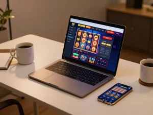 Engaging with fly88 online casino on a laptop, showcasing immersive gaming experience.