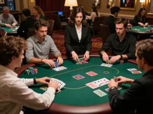 Engaged players participating in a poker game at 789betgo casino, showcasing chips and intense atmosphere.
