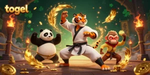 Experience the thrill of togel with a kung fu tiger master leading the fun in a vibrant digital casino scene.