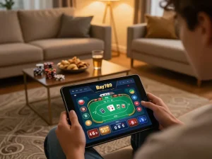 Player enjoying Bay789's poker game on a tablet in a cozy home setting, emphasizing online gaming.