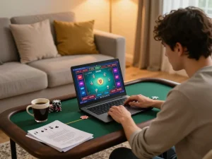 Hitclub online gaming session showcasing engaging poker play on a laptop in a cozy living room.