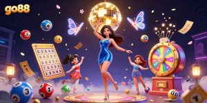 Join the excitement at go88 with vibrant casino elements and a glamorous dancer under neon lights.