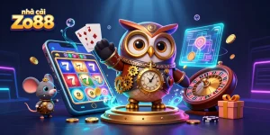 Engage with nhà cái Zo88 in a dynamic 3D casino illustration featuring whimsical characters and vibrant gaming elements.