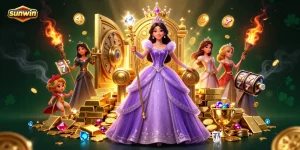 Experience the thrill of winning at sunwin with a glamorous Asian princess amid gold coins and casino elements
