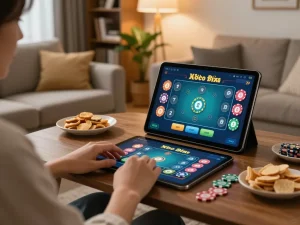 Xóc đĩa gameplay on a tablet in a cozy home setting, emphasizing strategic online gambling experience.