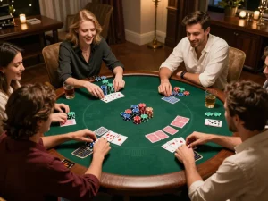 Players enjoy a friendly poker night while discussing strategies at a table, showcasing 88aa gaming excitement.