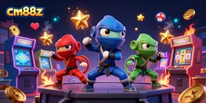 Engaging scene of cm88z chameleon characters showcasing synchronized martial arts in a vibrant casino setting.