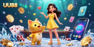 Play poker with UU88 while interacting joyfully with a lucky cat mascot and colorful chips.