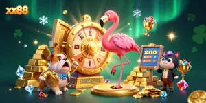 Spin to win with xx88 in this vibrant casino scene featuring exciting game elements and characters.