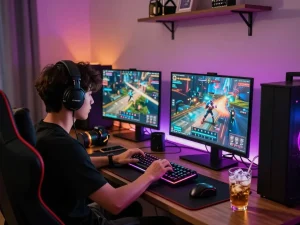 Gamer enjoying an intense session while tải sunwin on a high-end laptop in a vibrant setup.