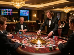Mubet players engaged in an exciting roulette game at a luxurious casino table.