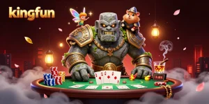 Experience the thrill of kingfun with card games amidst magical characters in an enchanting casino scene.