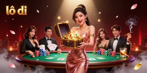 Engage in lô đề strategies with vibrant casino visuals featuring a joyful woman revealing treasures.