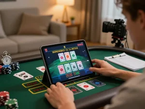 Fly88 player enjoying live dealer games on tablet, emphasizing strategic online gaming experience