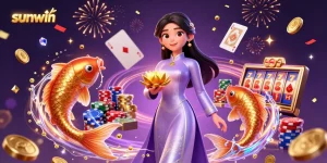 Experience the thrill of sunwin with 3D casino elements and an elegant Asian character in a vibrant scene.