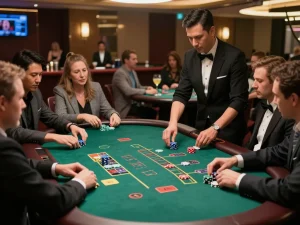 Players strategizing at a blackjack table with chips during a ko66 casino game