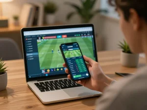 Engaging with web cá độ bóng đá on smartphone while analyzing betting odds from home office.