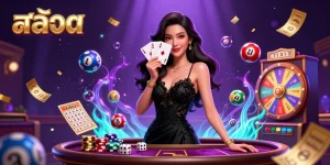 Engage with สล็อต action in a vibrant 3D casino scene featuring a glamorous woman holding playing cards.
