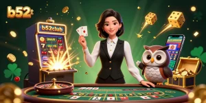 Experience immersive fun at b52club with a lively casino scene featuring a dealer and an owl assistant.