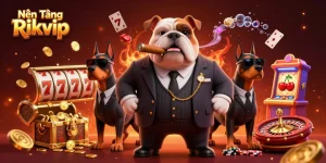 Nền Tảng Rikvip with a 3D cartoon mafia boss and bodyguards in a rich casino scene featuring slot reels and floating playing cards.