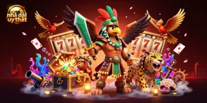 Experience the excitement of Nhà cái uy tín with Aztec warriors and dazzling slot games in a vibrant 3D scene.