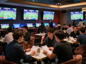 Bong99 sports betting action in a luxurious lounge filled with enthusiastic bettors and live event screens.