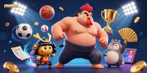 mm88 delivers engaging action with a powerful rooster and samurai cricket amidst vibrant, dynamic sports elements.