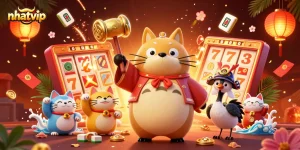 Nhatvip online casino showcasing vibrant slots and fortune cats in a lively scene.