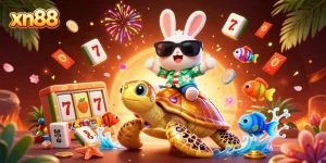 Xn88's vibrant promotional scene featuring an adorable rabbit riding a gem-encrusted turtle amid dynamic casino elements.