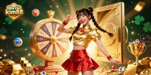 Experience the excitement of nhà cái kim88, featuring vibrant graphics of a joyful Asian woman amid colorful casino elements.