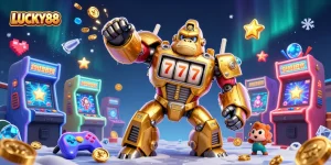 Spin the reels at LUCKY88 with a dynamic 3D golden gorilla mech surrounded by vibrant casino elements.