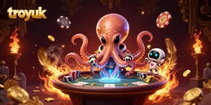 Join the cosmic fun at troyuk with a cartoon alien octopus dealer and poker chips flying!