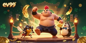 Join the excitement of ev99 as a powerful sumo wrestler battles in a vibrant casino arena.