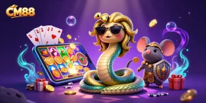 Win exciting prizes at CM88 with a vibrant casino scene featuring playful characters and game elements.