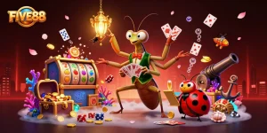 Experience thrilling gaming at FIVE88 with vibrant slots and lively casino characters.