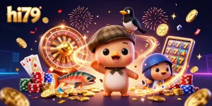Experience the charm of hi79 with a 3D cartoon Nessie amidst vibrant casino elements!