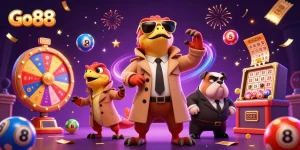 Go88 raptors in a trench coat hilariously attempting to enter a VIP casino lounge amid lottery balls and vibrant casino elements.