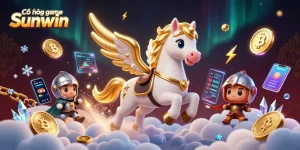 Cổng game Sunwin features a celestial horse and knight amidst crypto coins in a vibrant casino.
