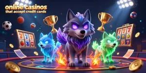 Engage with thrilling online casinos that accept credit cards, featuring animated wolves in a dynamic gaming scene.