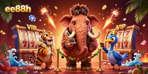 Engage with exciting games at ee88h, featuring vibrant characters in a bustling casino atmosphere.