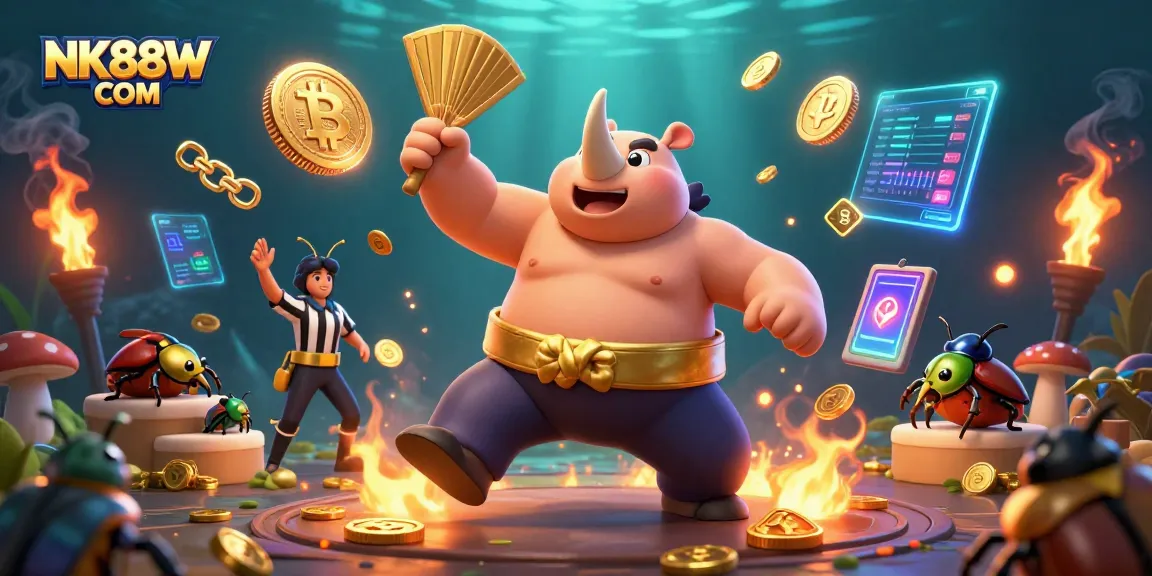 Experience thrilling action with the NK88W COM casino illustration, where a powerful sumo beetle champion stomps coins.