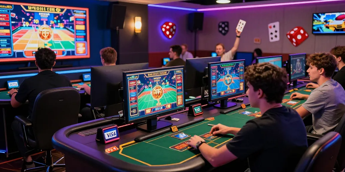 Players enjoying games at credit card casinos with vibrant atmosphere and visible credit cards.