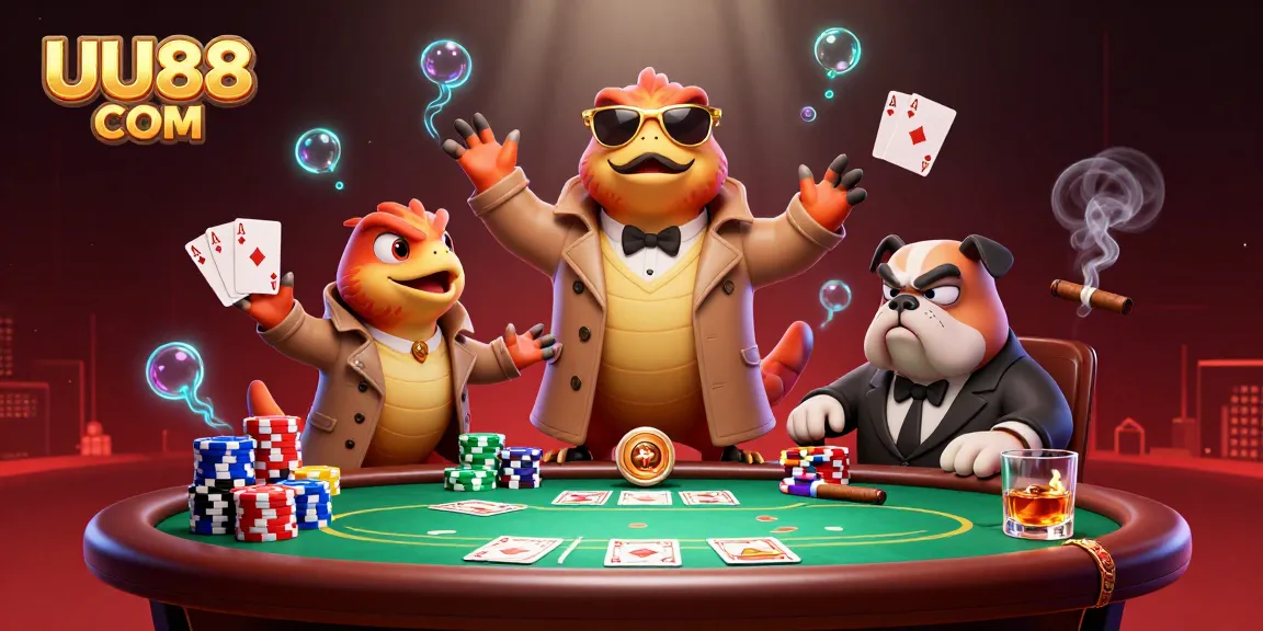 Experience the thrilling world of UU88 COM with playful raptors in a trench coat at a VIP casino.